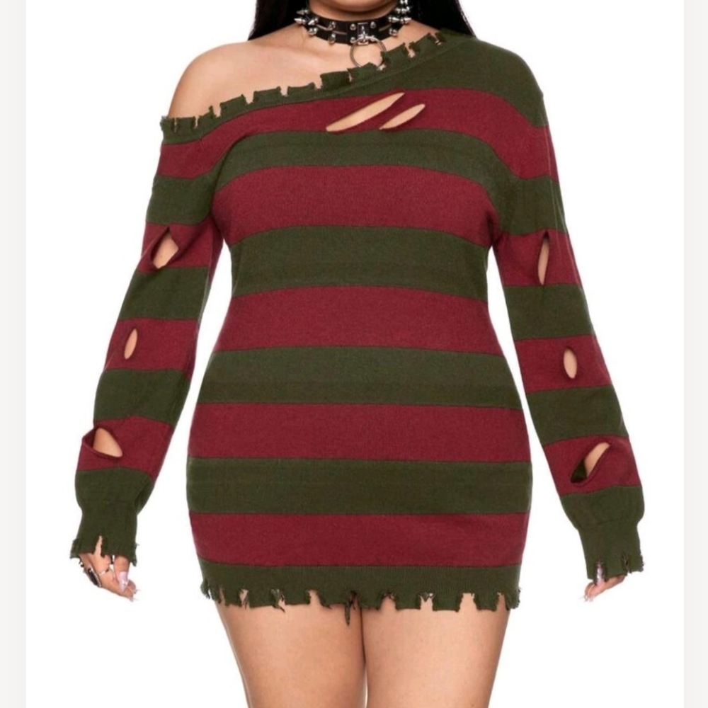 NWT Striped Off-Shoulder Freddy Krueger Inspired Striped Sweater Dress 🖤